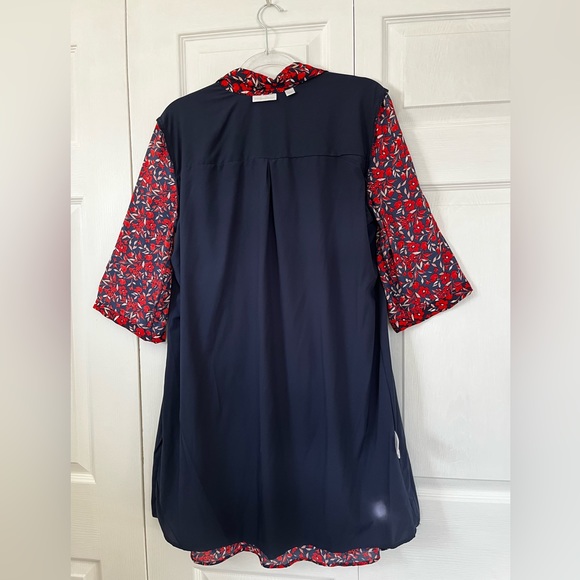 NY&Co Midi Dress w/ Red Floral Print on Navy, 3/4 Sleeve V-neck Belted sz L - Picture 4 of 12